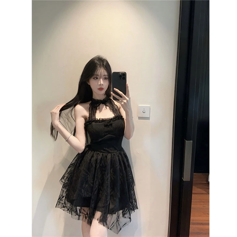 慕斯大小姐 夏季新款时尚新中式挂脖蕾丝连衣裙气质休闲短款裙子