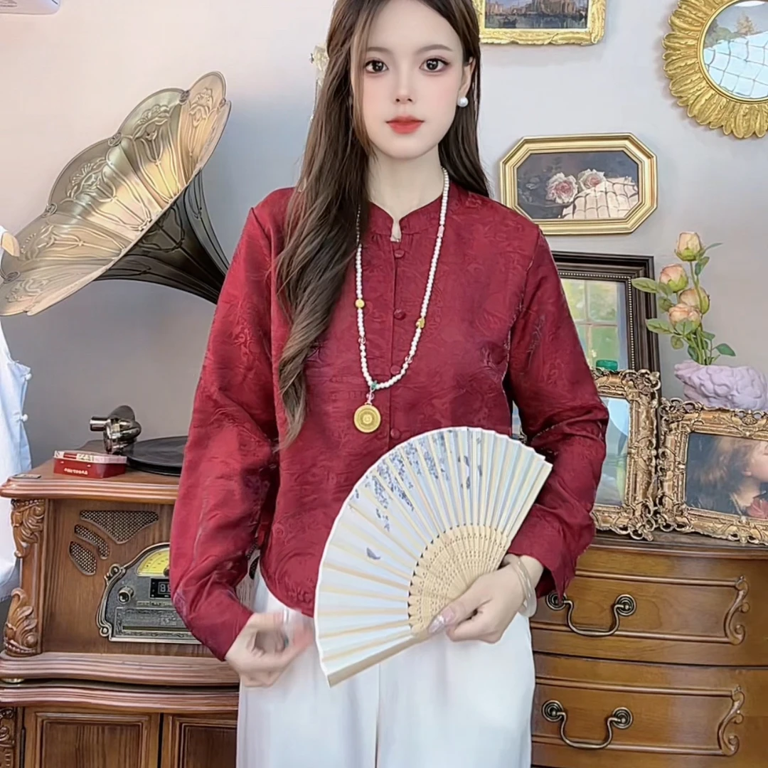 【703】中国风复古圆领长袖女士春秋季提花打底衬衫小衫