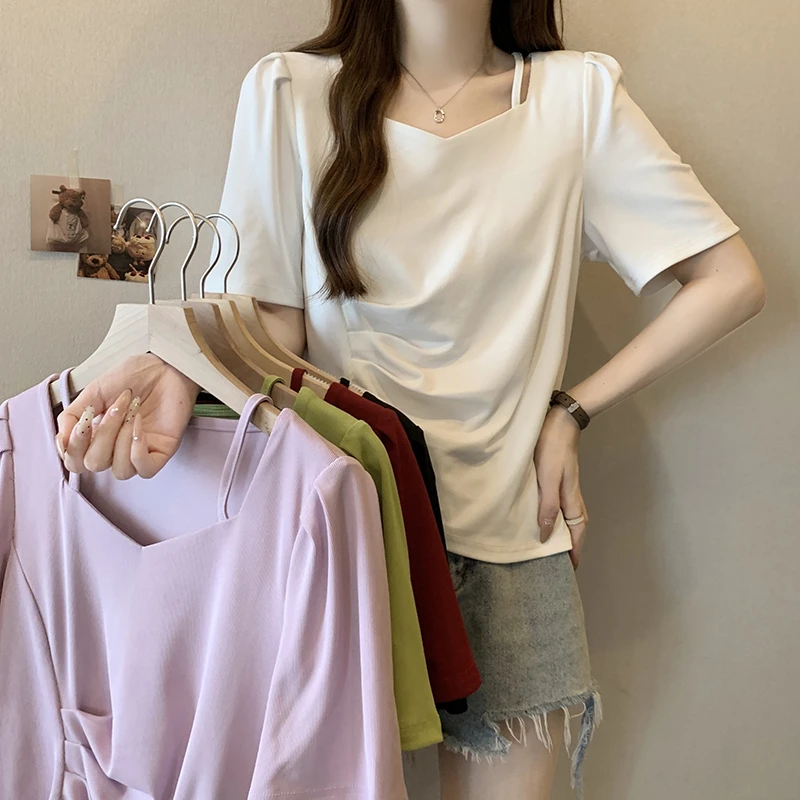 夏装新款洋气胖妹妹大码纯欲遮肉折皱露肩辣妹T恤百搭上衣A0187