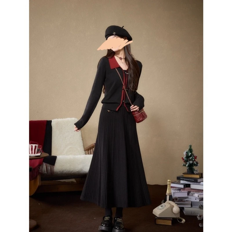 公主风时尚休闲套装裙女秋冬新款洋气减龄拼色长袖针织半身裙两件