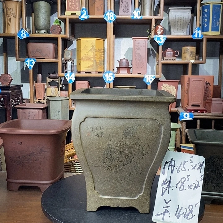 紫砂花盆鲨皮青四方精工