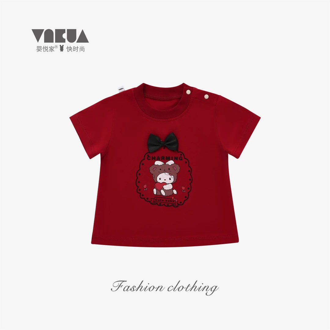 婴悦家夏季女宝宝时尚女童甜美卡通红色圆领短袖单T上衣88526