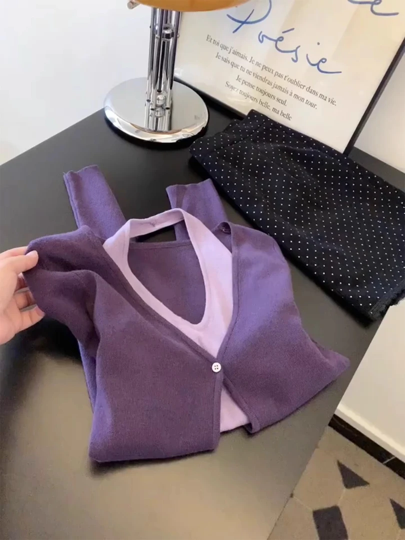 复古辣妹挂脖假两件长袖针织衫女早秋新款设计感洋气减龄内搭上衣