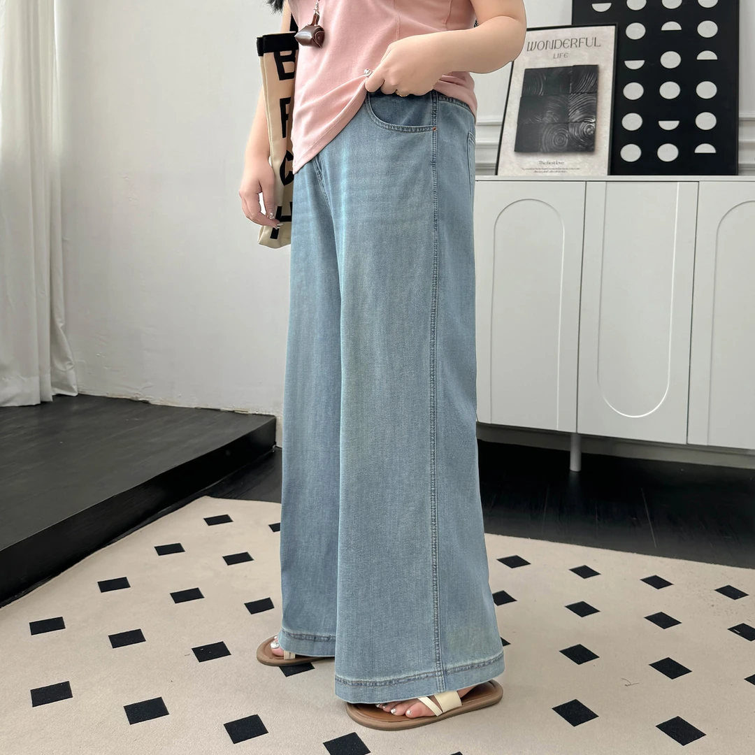 K9841大码女装【万能搭牛仔裤】夏季胖mm复古刺绣高腰遮腿粗阔腿裤