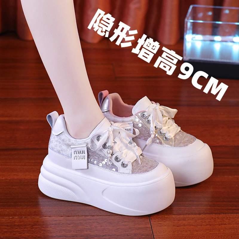 厚底板鞋女2025春夏新款时尚透气网纱小个子小白鞋软底内增高女鞋