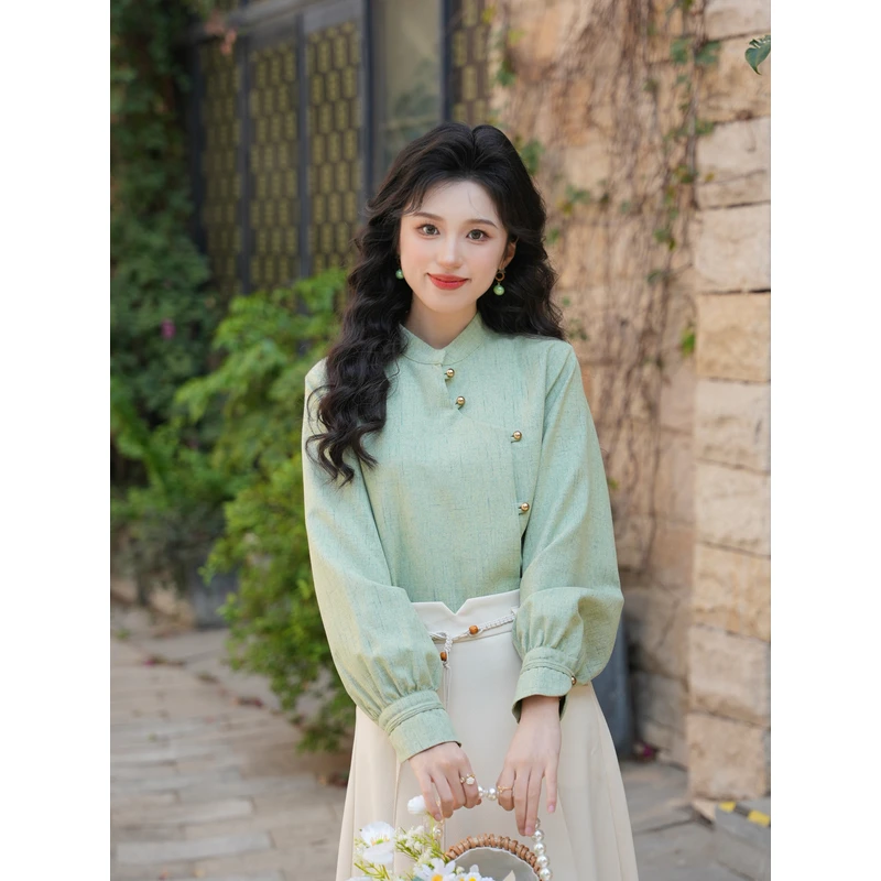 琦琦【杜桑花序】港风复古纯色长袖衬衫宽松百搭上衣YE0706087