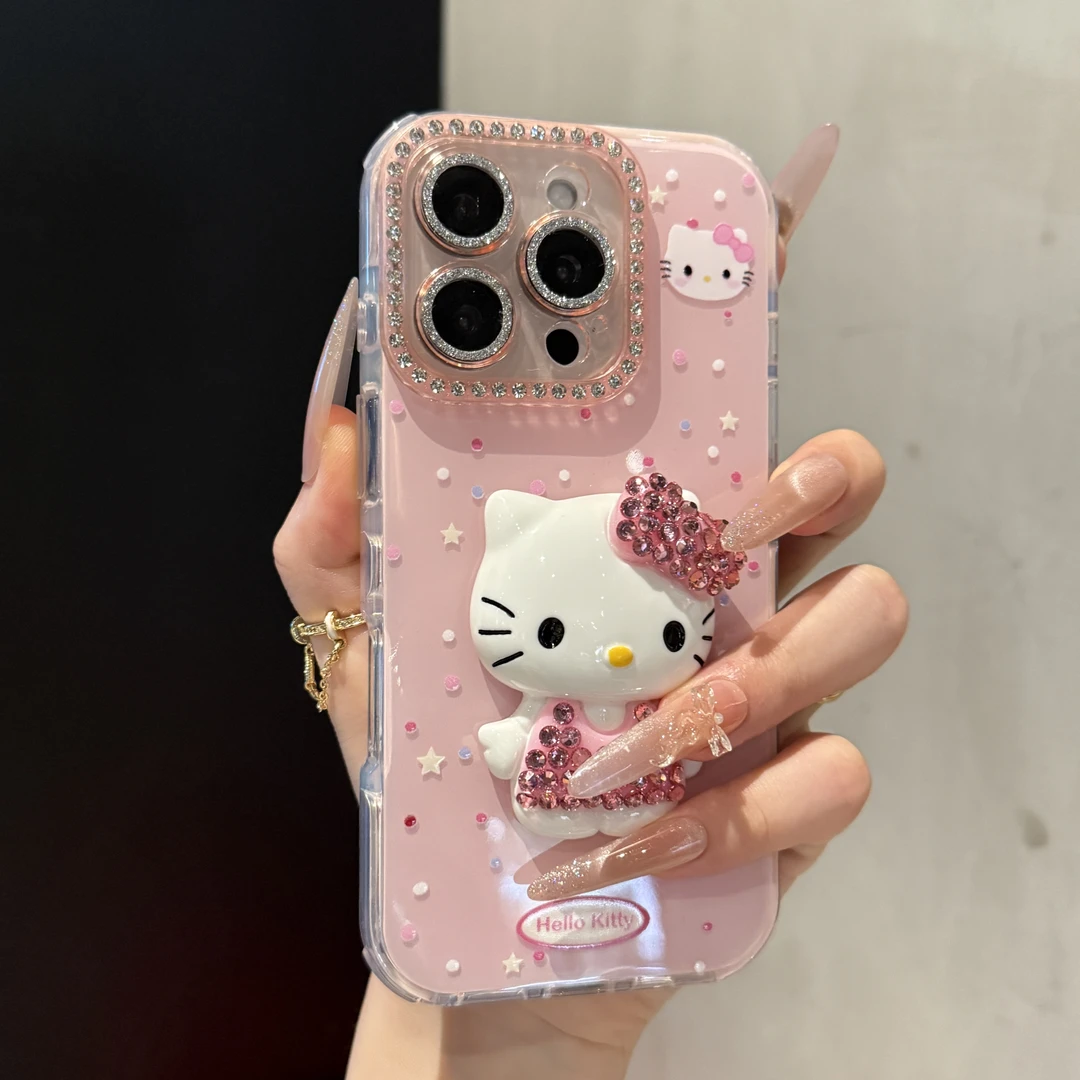 高颜值水钻可爱眨眼KT猫适用苹果16promax手机壳iPhone15简约14女
