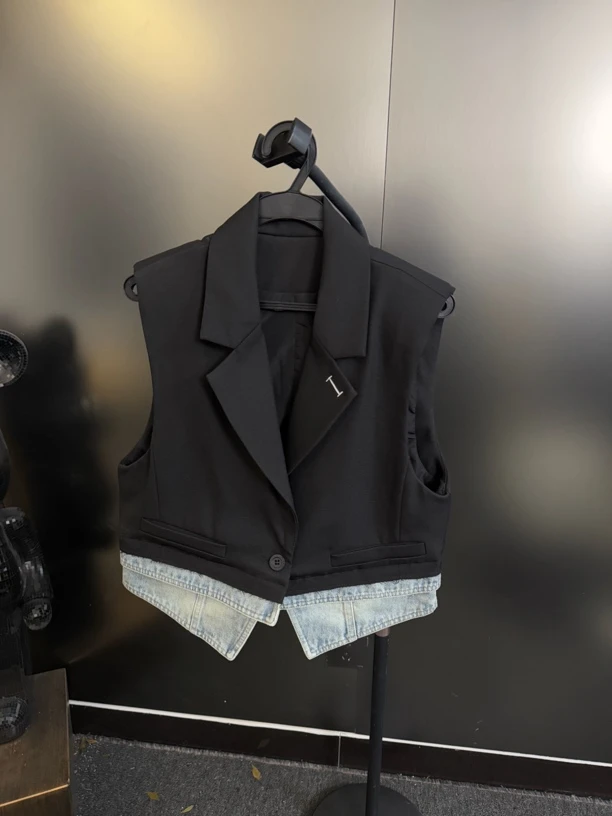 DA-J春季新款西装TR面料拼接水洗牛仔小众设计感马甲