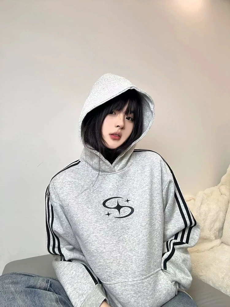 【W004-02】简约基础款美式潮流条纹设计情侣连帽卫衣