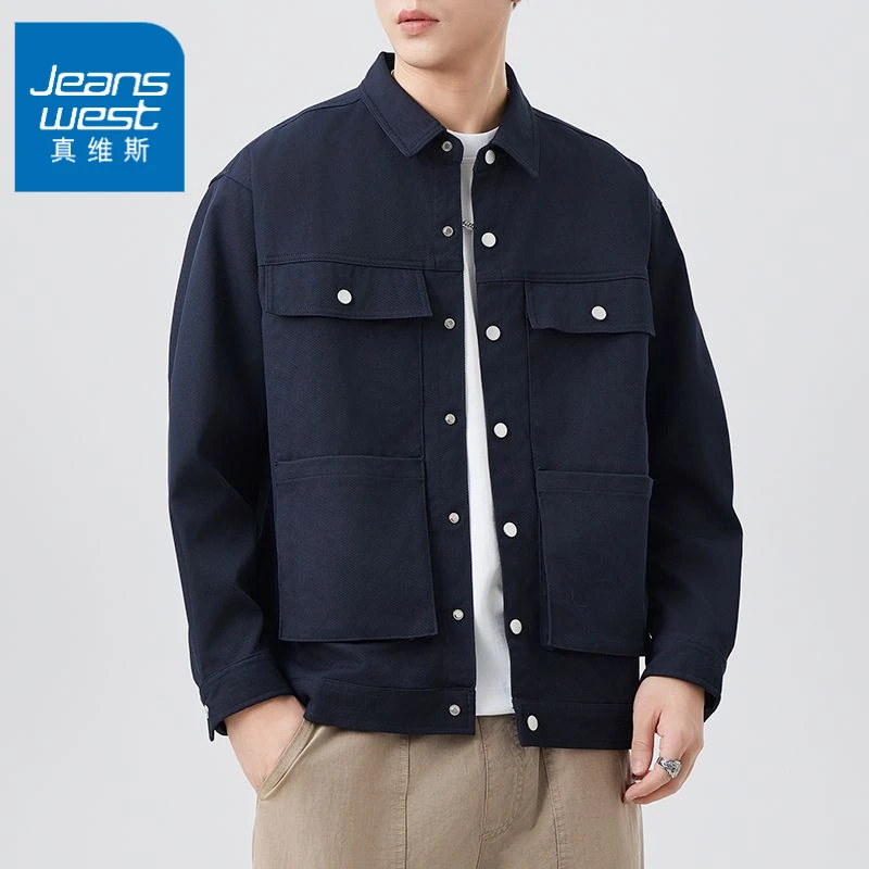 真维斯日系复古单排扣翻领夹克轻熟风衬衫外套男士宽松休闲百搭