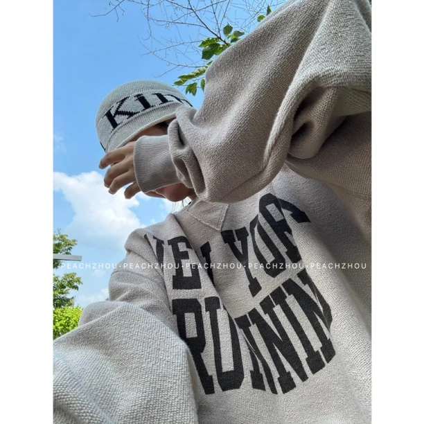 『PEACHZHOU』双面穿印花倒三角毛圈美式休闲宽松圆领系扣开衫外套