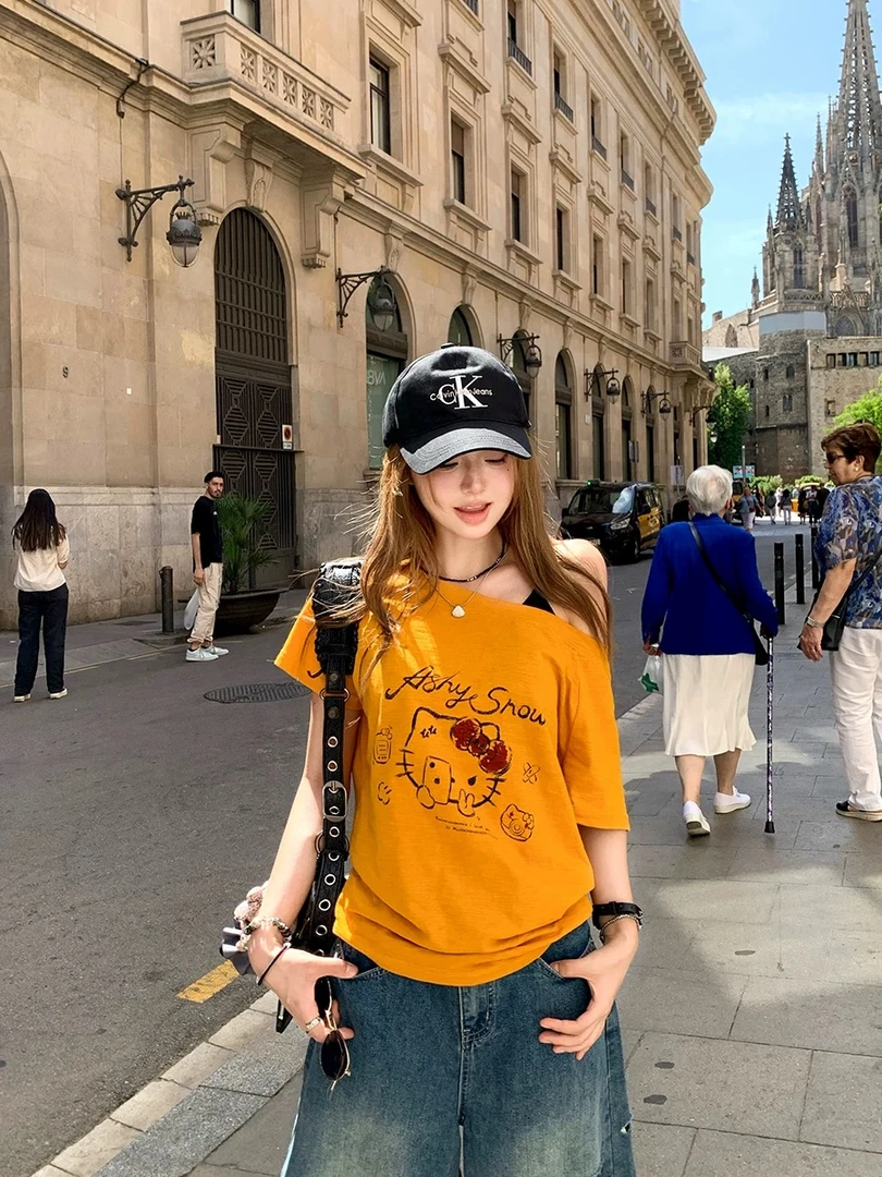 自拍Kitty~印花宽松斜肩/圆领正肩T恤棉慵懒纹理休闲百搭时尚夏季