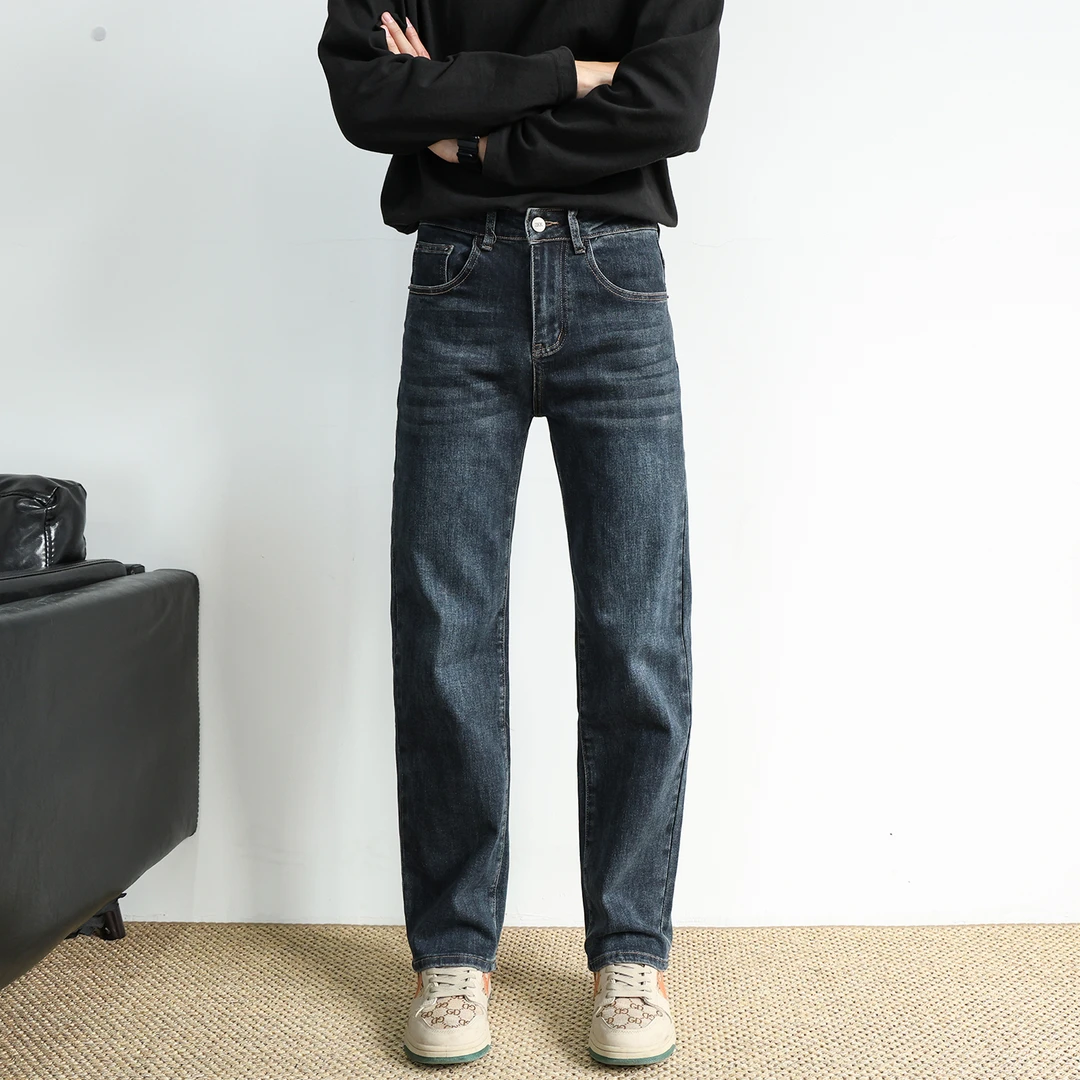 秋冬水洗蓝男士牛仔裤美式高街窄版修身直筒裤男cleanfit百搭长裤