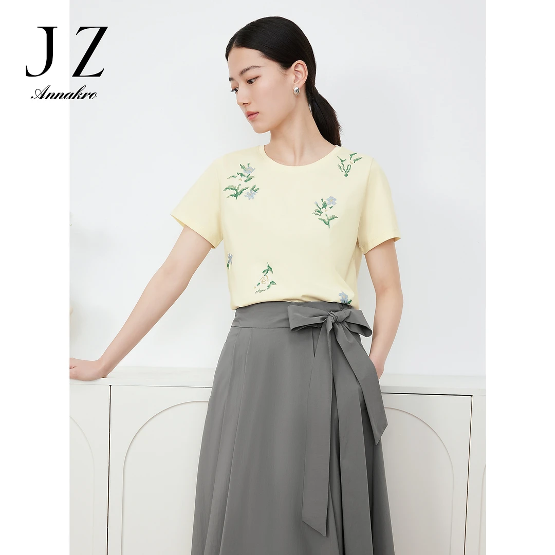 【丽公主专属】JZ玖姿JTDX83219刺绣花卉短袖T恤夏季新款修身小众棉