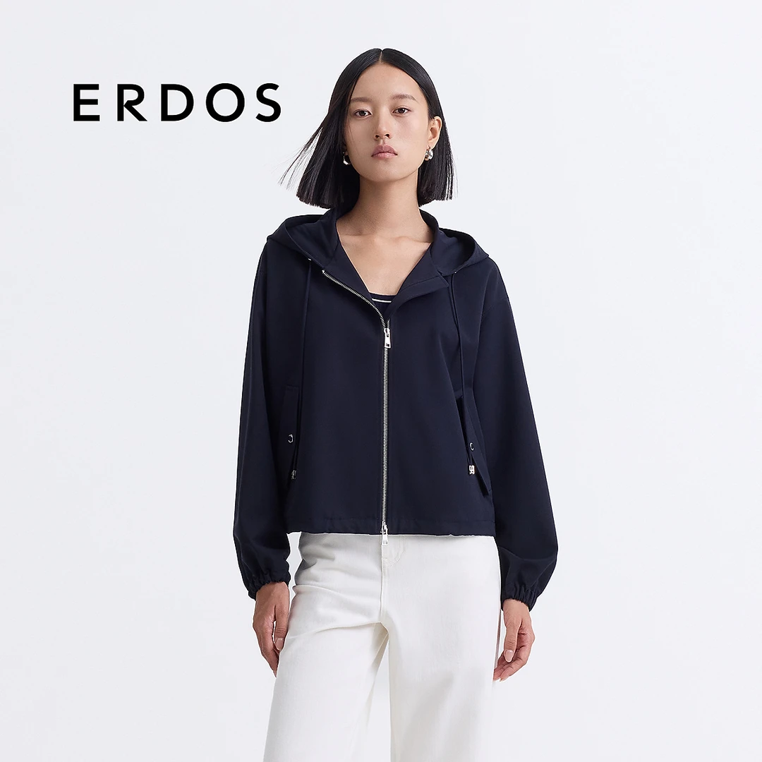 ERDOS 毛绒混纺休闲连帽外套春藏蓝色薄款宽松挺括上衣