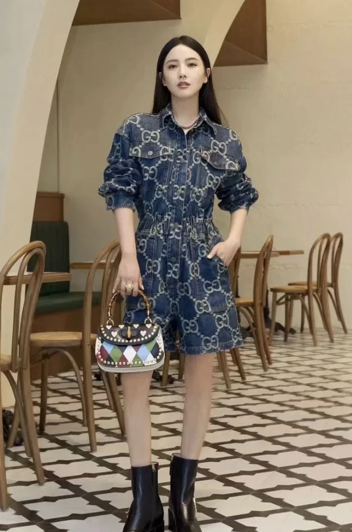 全新未使用 GUCCI/古驰  pp697  棉 满印牛仔连衣裤 38码 吊牌