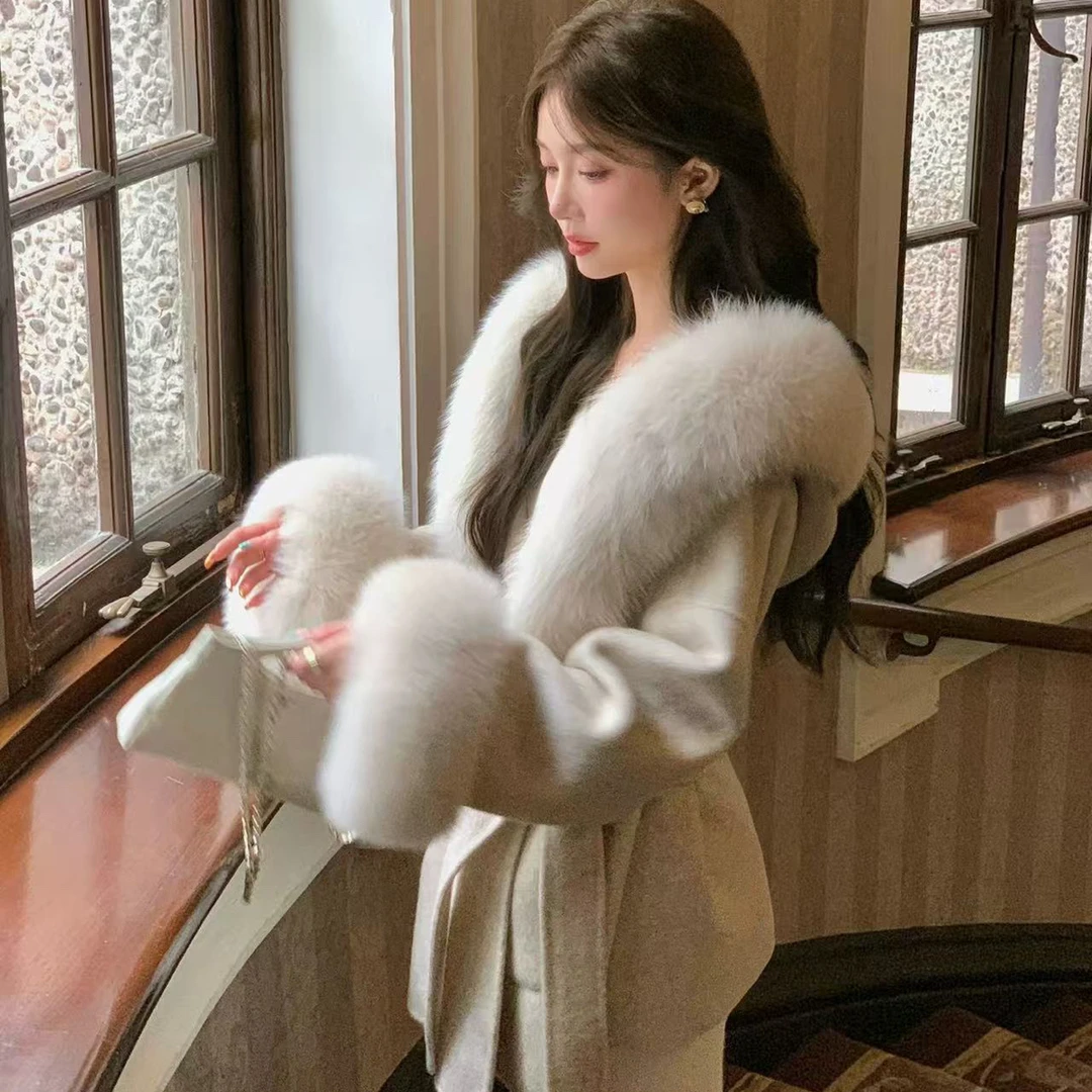 【恋人千金】2025新款连帽大衣女款秋冬新款高级感超大狐狸毛外套