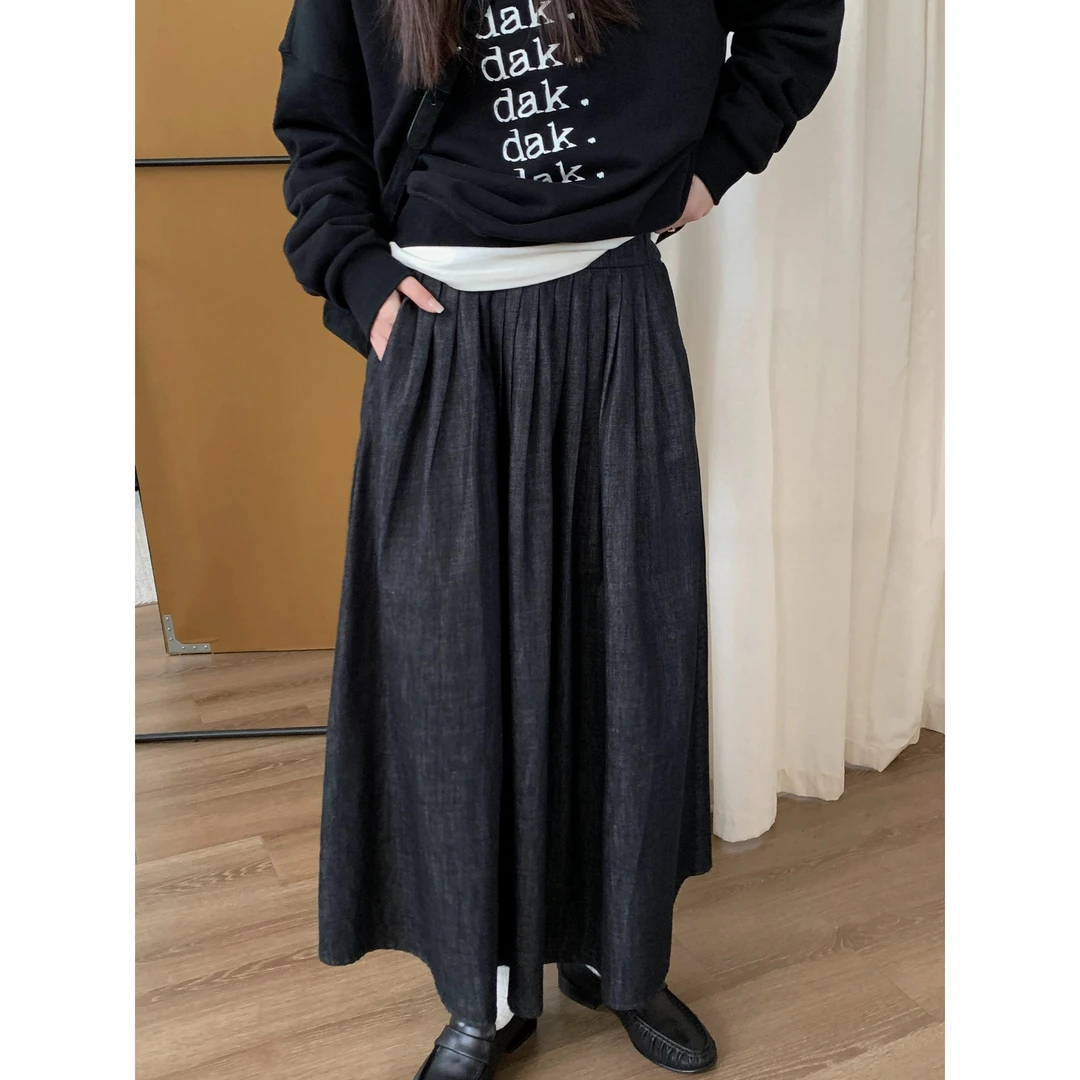 谁穿都好看！巨舒服!小众黑牛仔松紧腰百褶裙2025时尚显瘦长裙女新