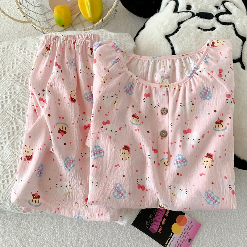 睡衣2025新款女学生圆领短袖短裤可外穿套装粉色蛋糕小猫印花