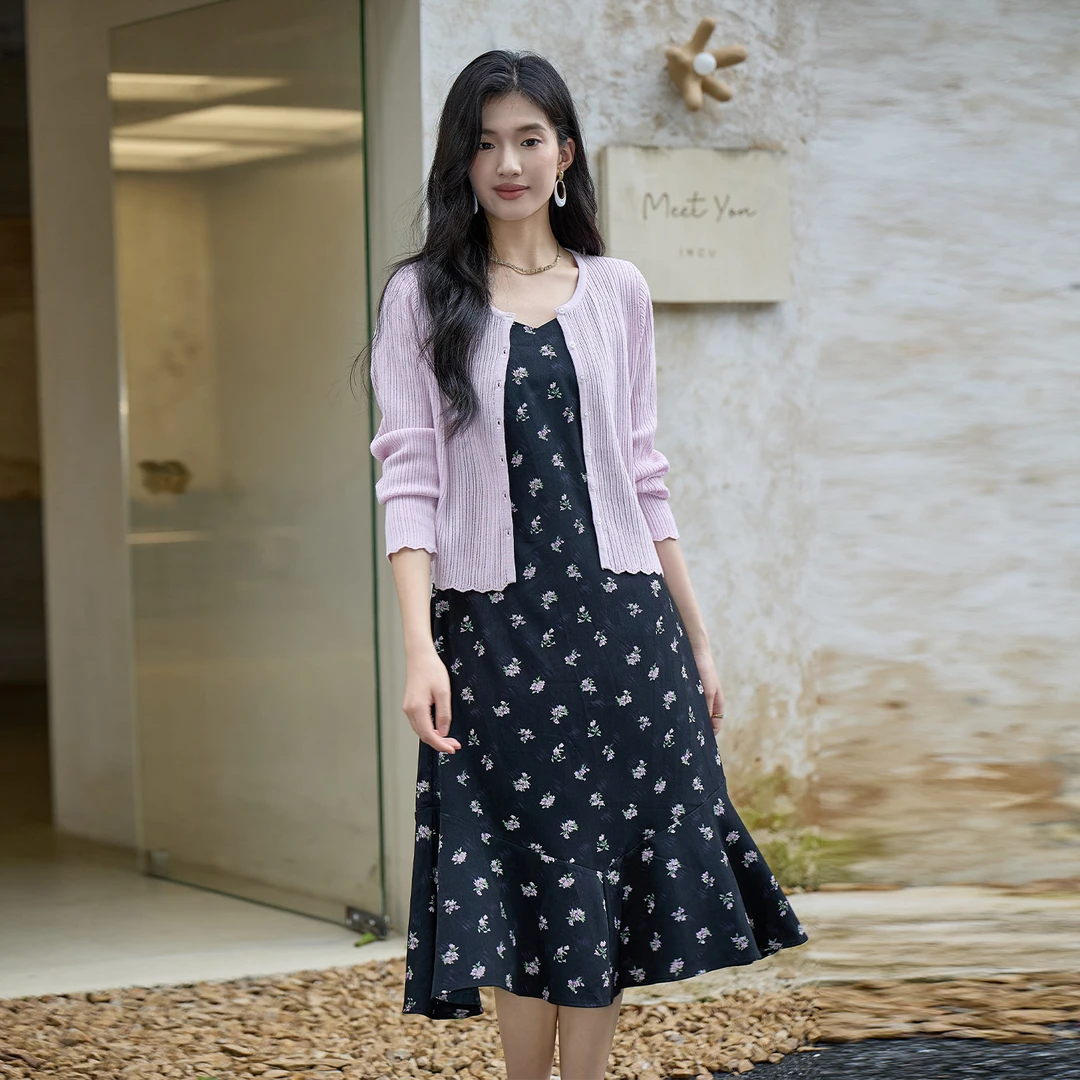 奢姿大码女装2025秋季减龄碎花吊带针织两件套胖妹妹时尚甜美套装