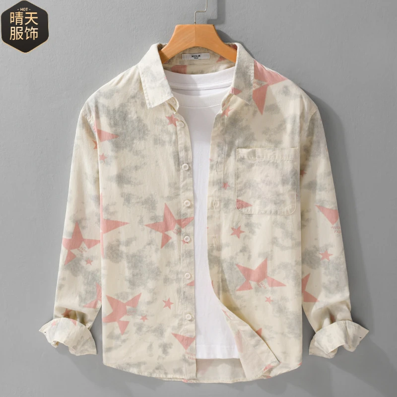 上衣格子春韩版复古小星星感简约衬衫外套休闲宽松薄款男衬衣6155