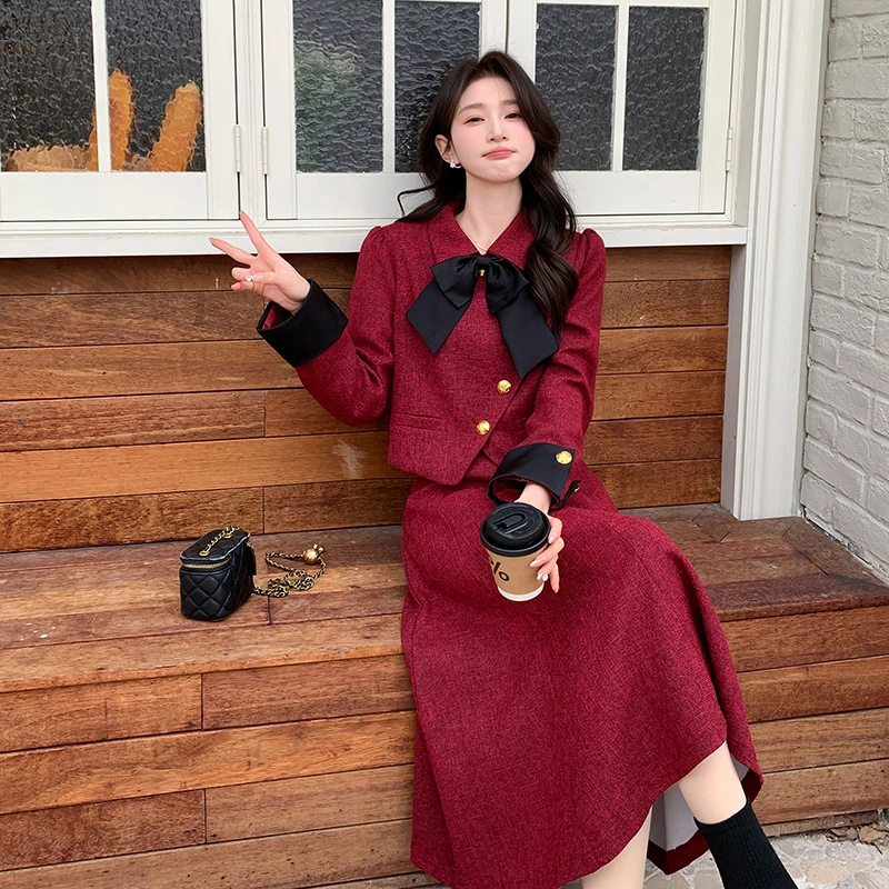 韩系小香风红色时尚气质套装裙女2025秋季新款温柔风半身裙两件套