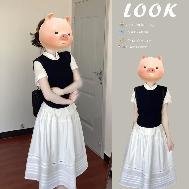 夏季一整套女装2025新款韩版洋气针织马甲短袖衬衫半身裙三件套装