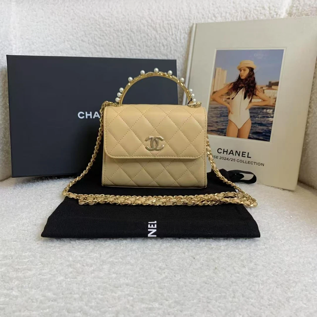 99新 Chanel/香奈儿 壹臻/23B奶茶珍珠手柄kelly中号包/68619615