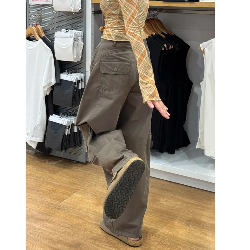 灰绿色工装阔腿休闲裤女秋新款胖妹妹大码梨形身材高腰遮胯弯刀裤