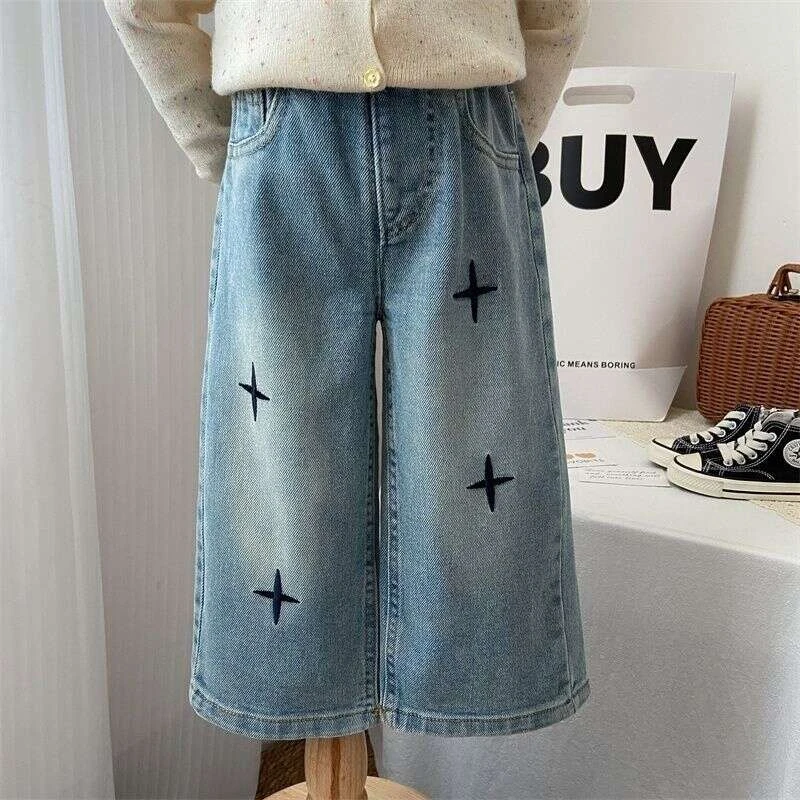 女童牛仔裤秋款阔腿裤女小童洋气时髦夏季长裤子韩版时尚休闲裤潮