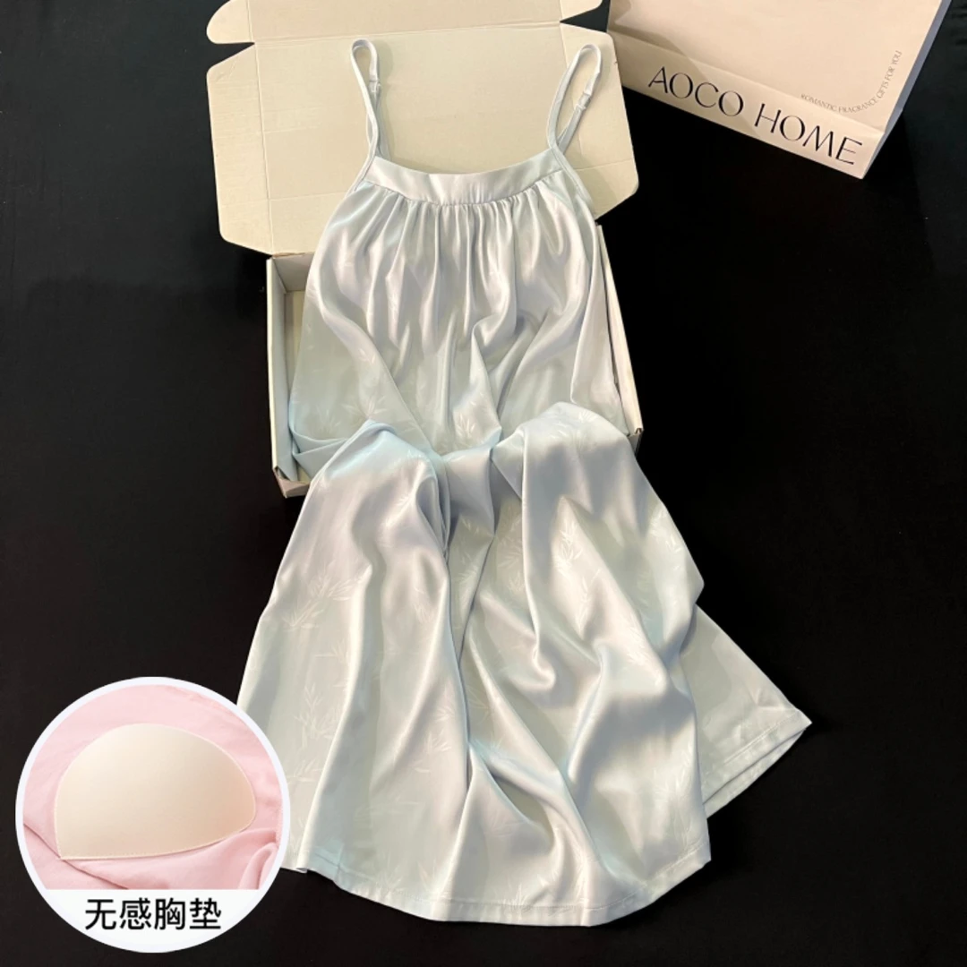 冰丝睡衣女夏季吊带睡裙带胸垫高级感薄款凉感大码蓝色裙子家居服