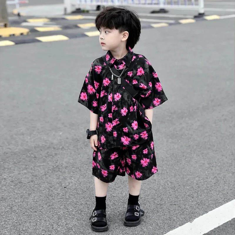 男童夏装衬衫套装2025新款网红男孩花衬衣凉感时髦帅气儿童衣服薄