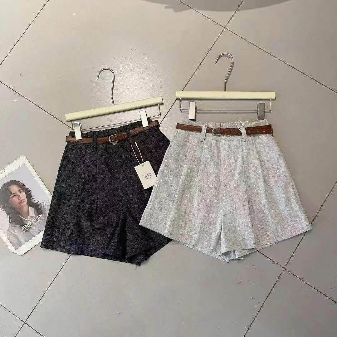 2025夏季新纯色百搭压褶A字休闲短裤配腰带