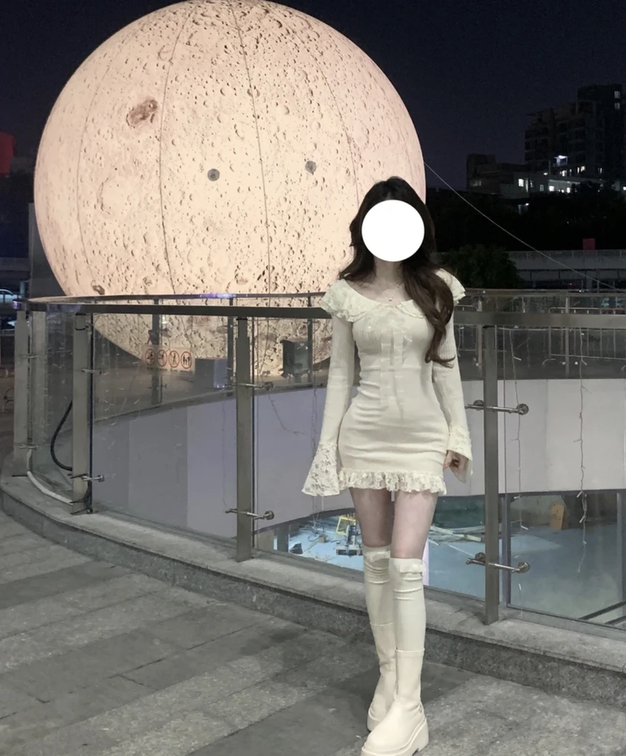 【甜巧慕斯】长袖纯欲纱蕾丝短裙早秋针织连衣裙1280