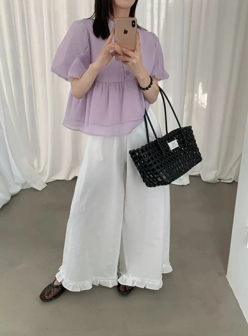 灰灰呀！7016 韩系复古设计感花边裤高腰百搭休闲裤