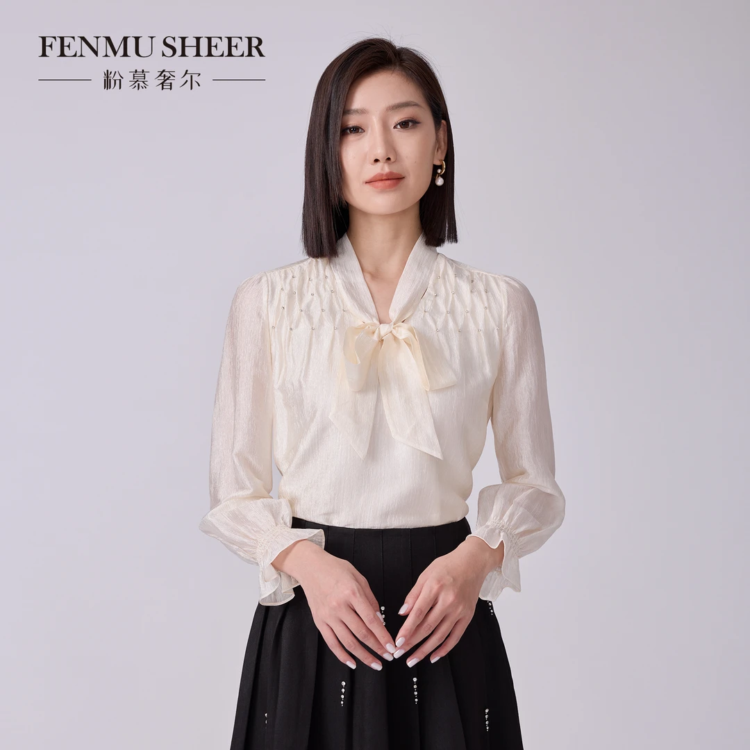 【粉丝专属】粉慕奢尔『冰岛碎钻』醋酸小众衬衫蝴蝶结系带上衣G2390