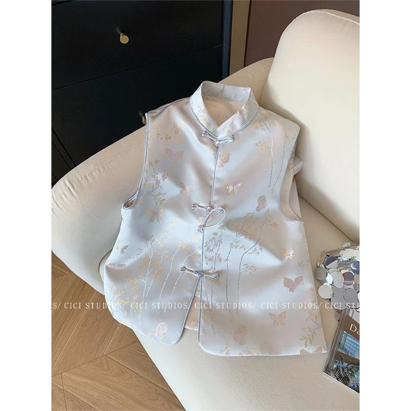 2025春新款国风高级感无袖上衣新中式提花缎面立领盘扣马甲背心女