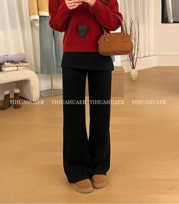 【漫画身材】B东大门韩国原单假两件加绒微喇裤屁帘一体长裤2162
