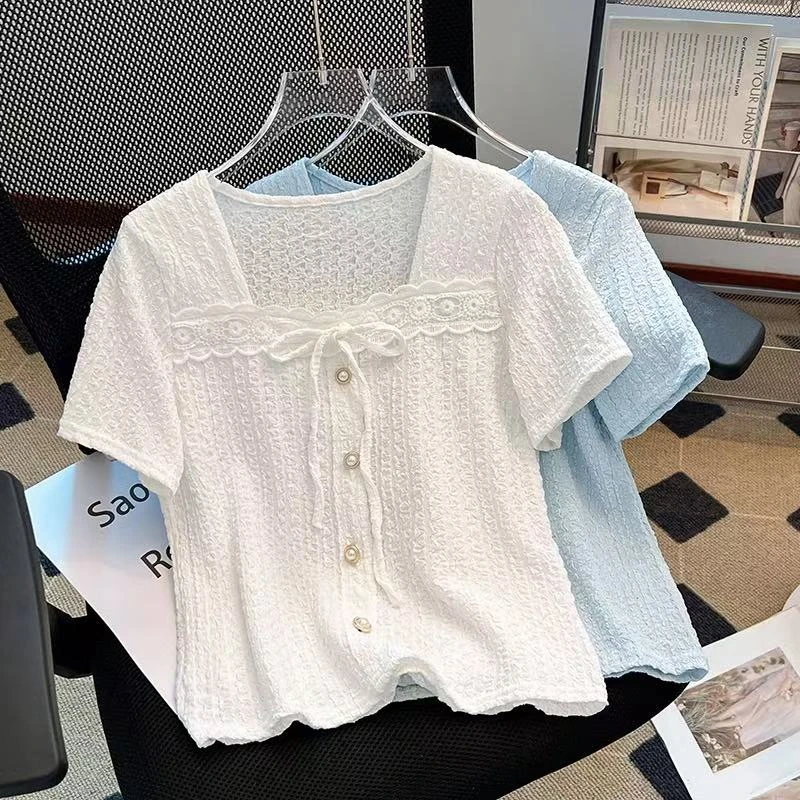 大码女装法式小众方领正肩短袖t恤夏新款修身显瘦别致上衣350