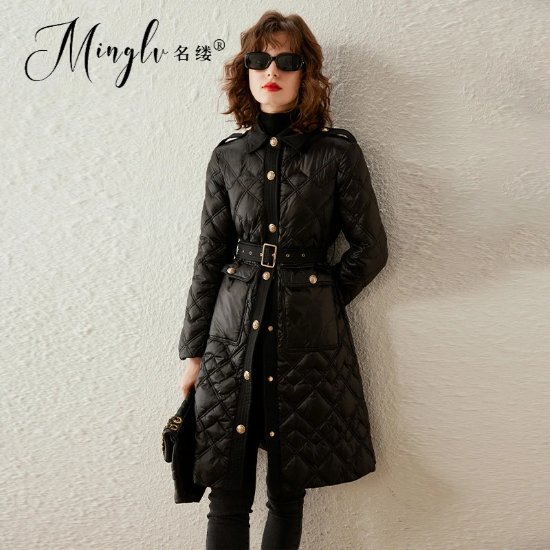 名缕女装菱形格高端羽绒服2025冬季新款翻领时尚长款复古轻奢外套