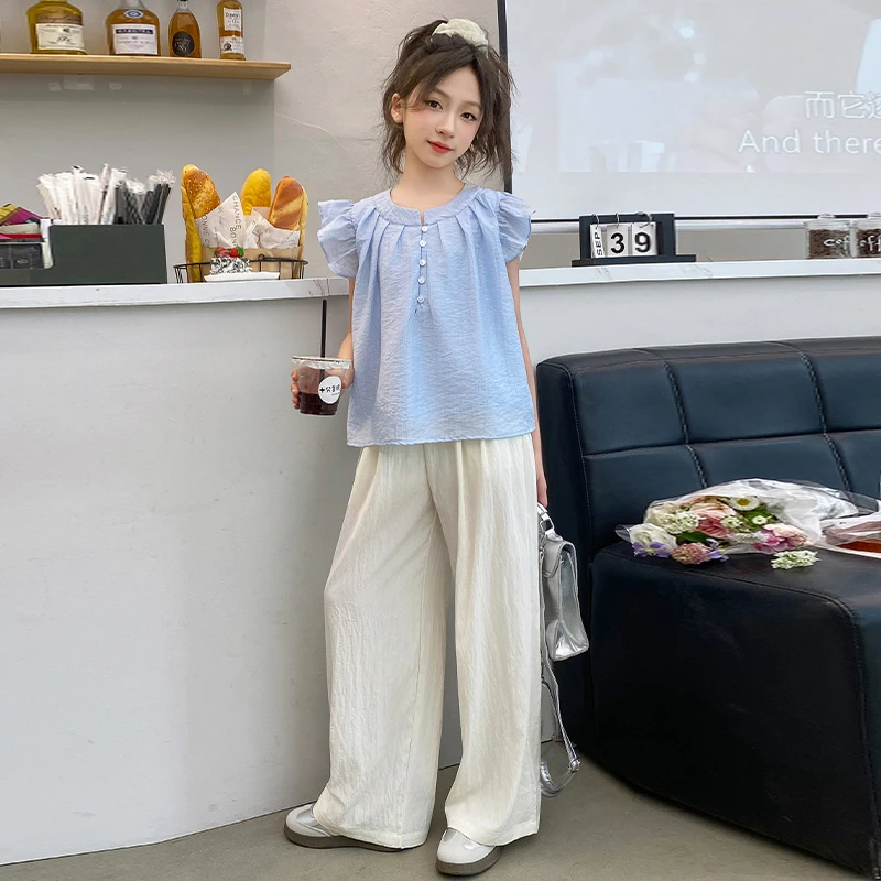 女童夏季甜美飞袖娃娃衫休闲裤套装2025新款女大童韩版薄款阔腿裤