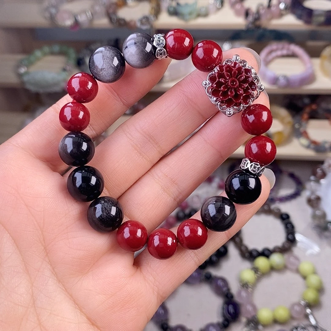 玛瑙/玉髓手链未镶嵌11毫米朱砂黑曜石