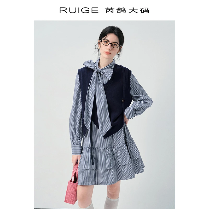 芮鸽微胖定制连衣裙马甲套装格纹蝴蝶结长袖微胖mm短裙0168RR
