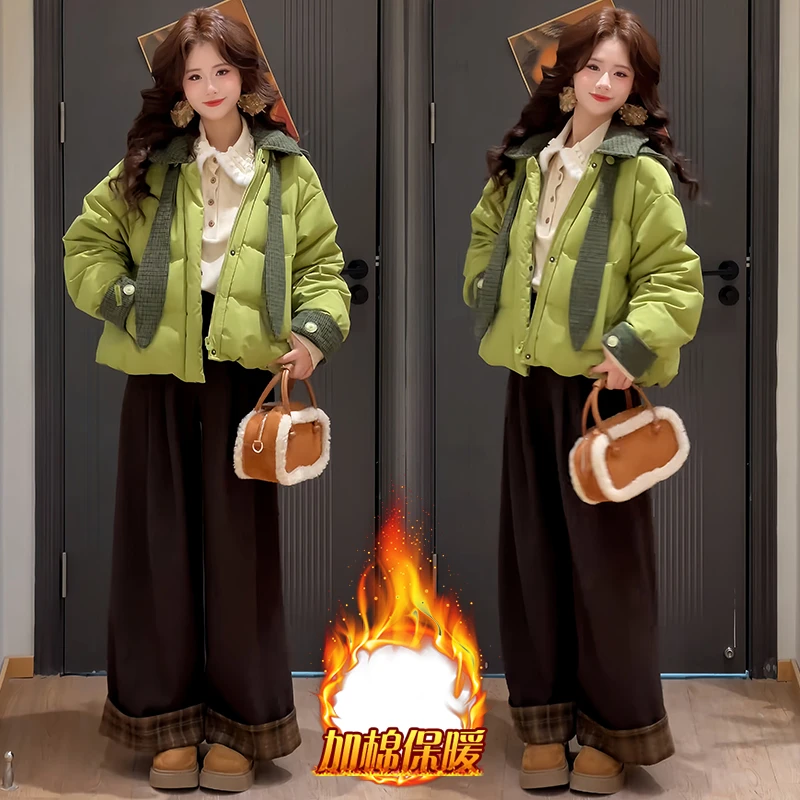 2025年冬季新款翻领羽绒棉服宽松休闲百搭阔腿裤两件套时尚套装女