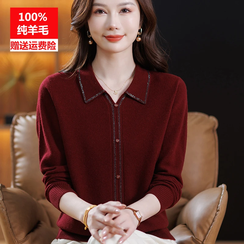 妈妈秋冬装100%纯羊毛衫洋气中老年女翻领时尚毛衣大码纯色打底衫