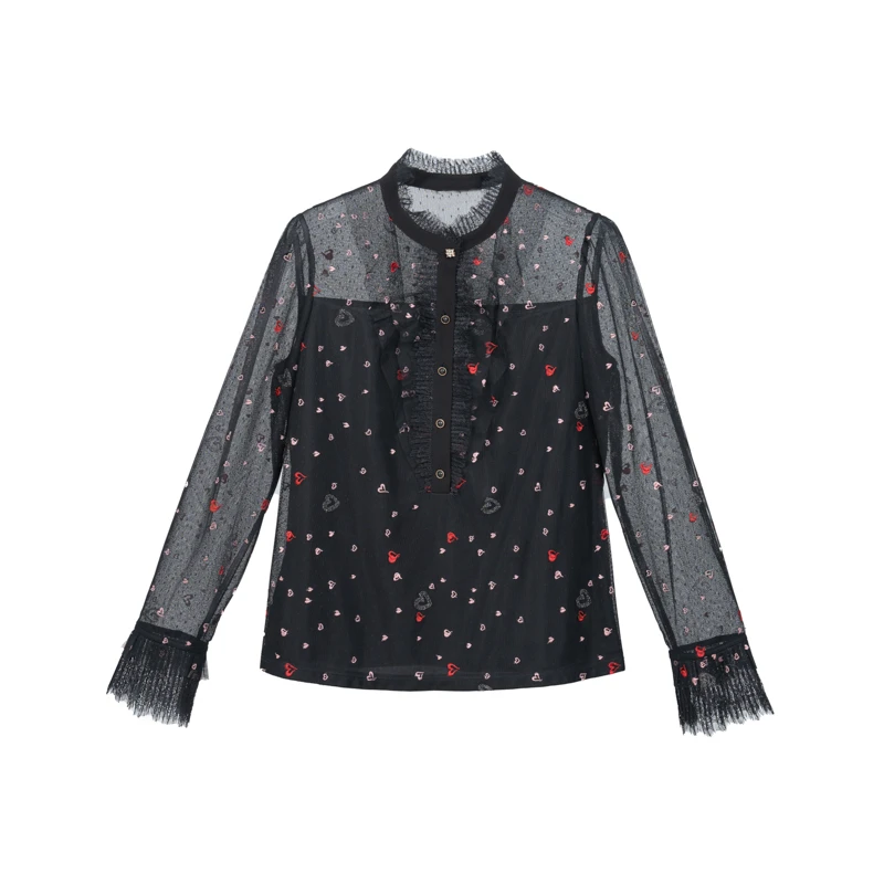 【谢心言】她翼春季衬衫蕾丝长袖时尚打底女士黑色印花ZA0342333132