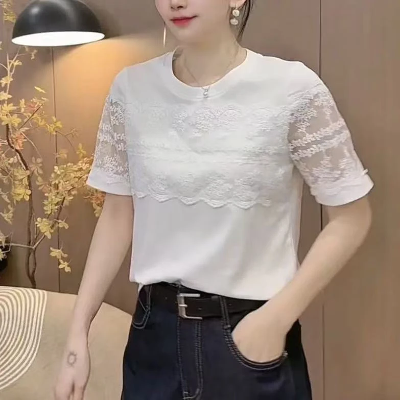 【肉总】新款重工蕾丝拼接圆领上衣7151
