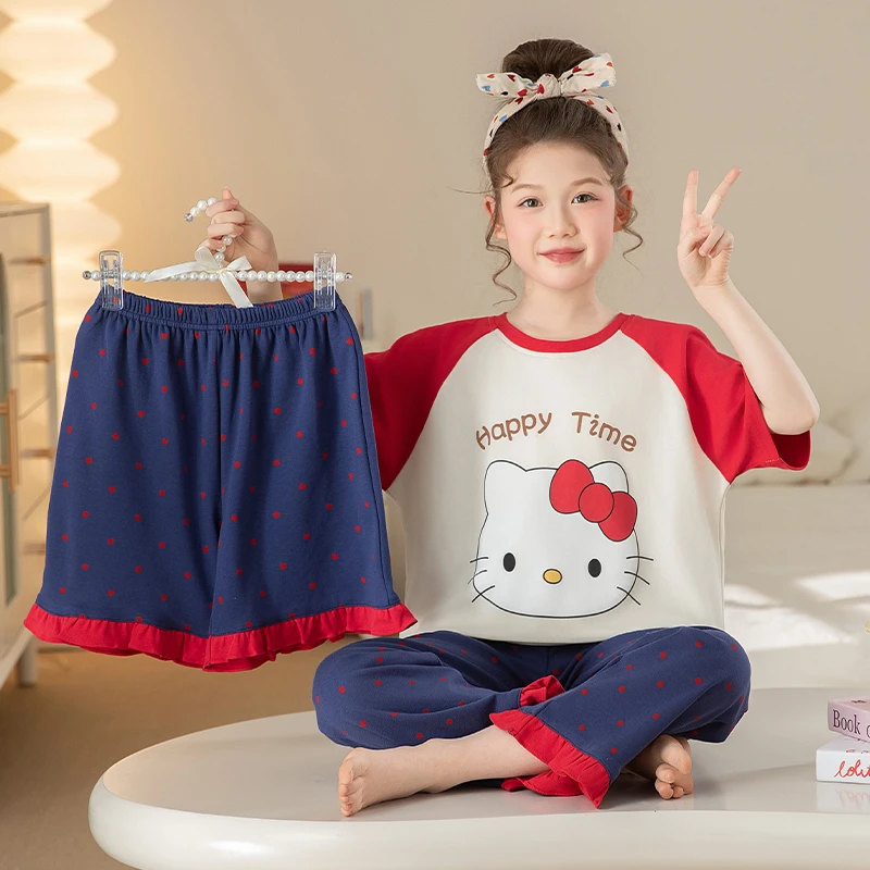 夏季新款女童短袖睡衣儿童纯棉长裤中大童女孩公主洋气卡通家居服