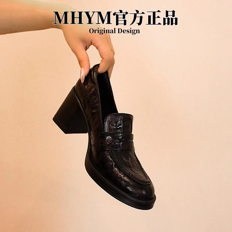 MH官方复古英伦风一脚蹬黑色简约乐福鞋女百搭真皮高跟鞋小皮鞋