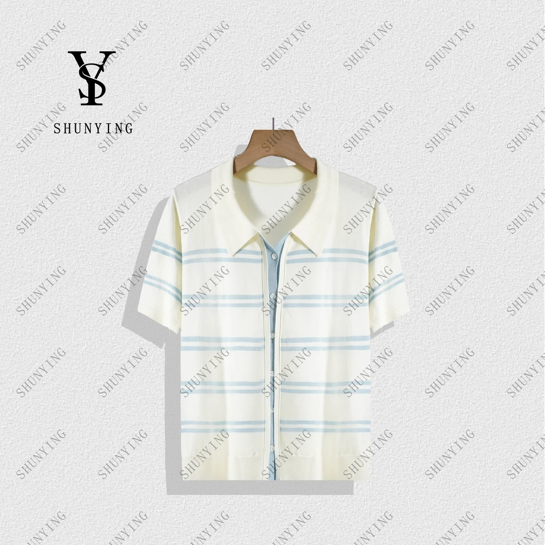 【顺瀛】气质穿搭~撞色翻领条纹单排扣时尚POLO衫短袖SY71PL8318